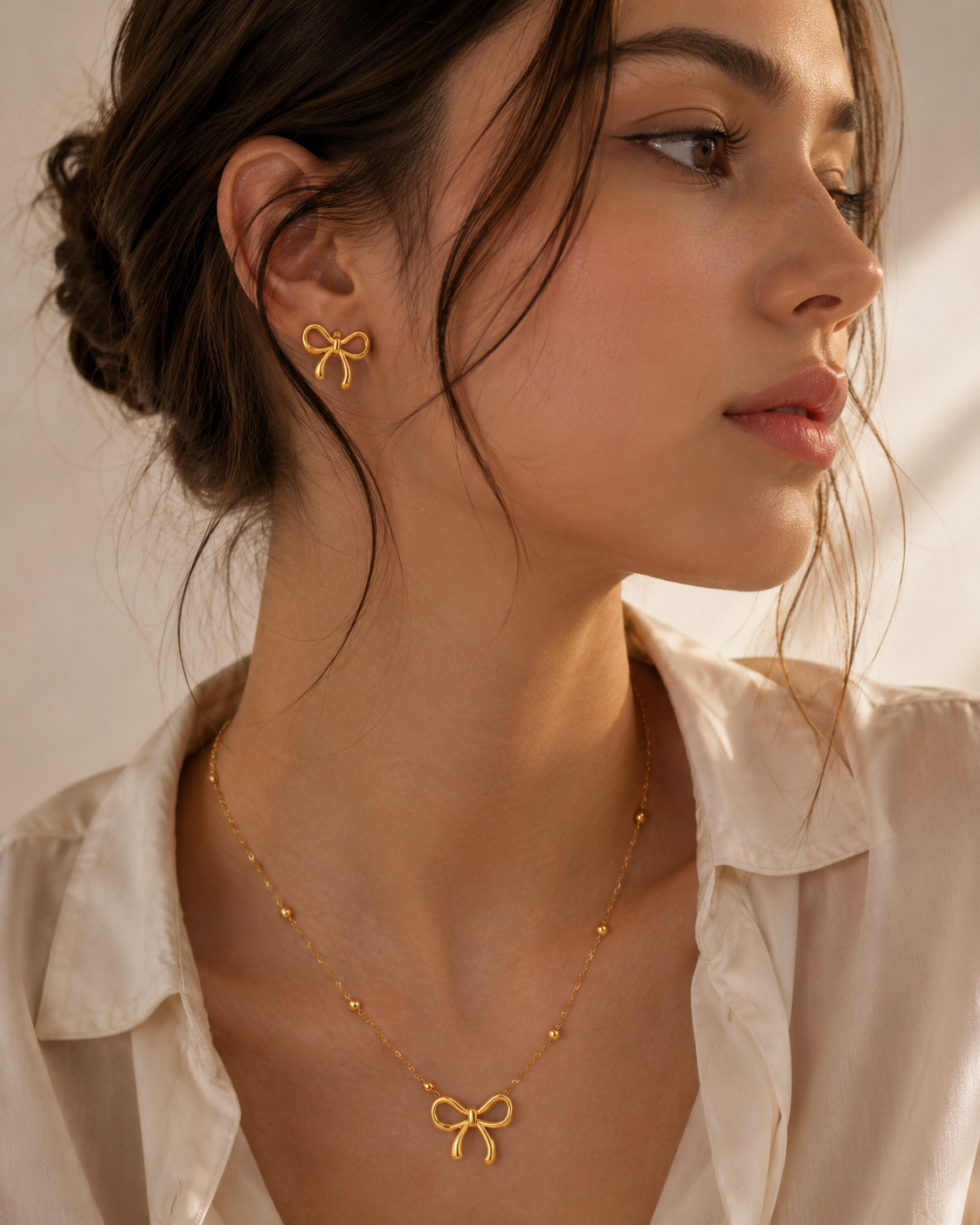 Woman wearing gold bow,shaped earrings and necklace for dressing up or down