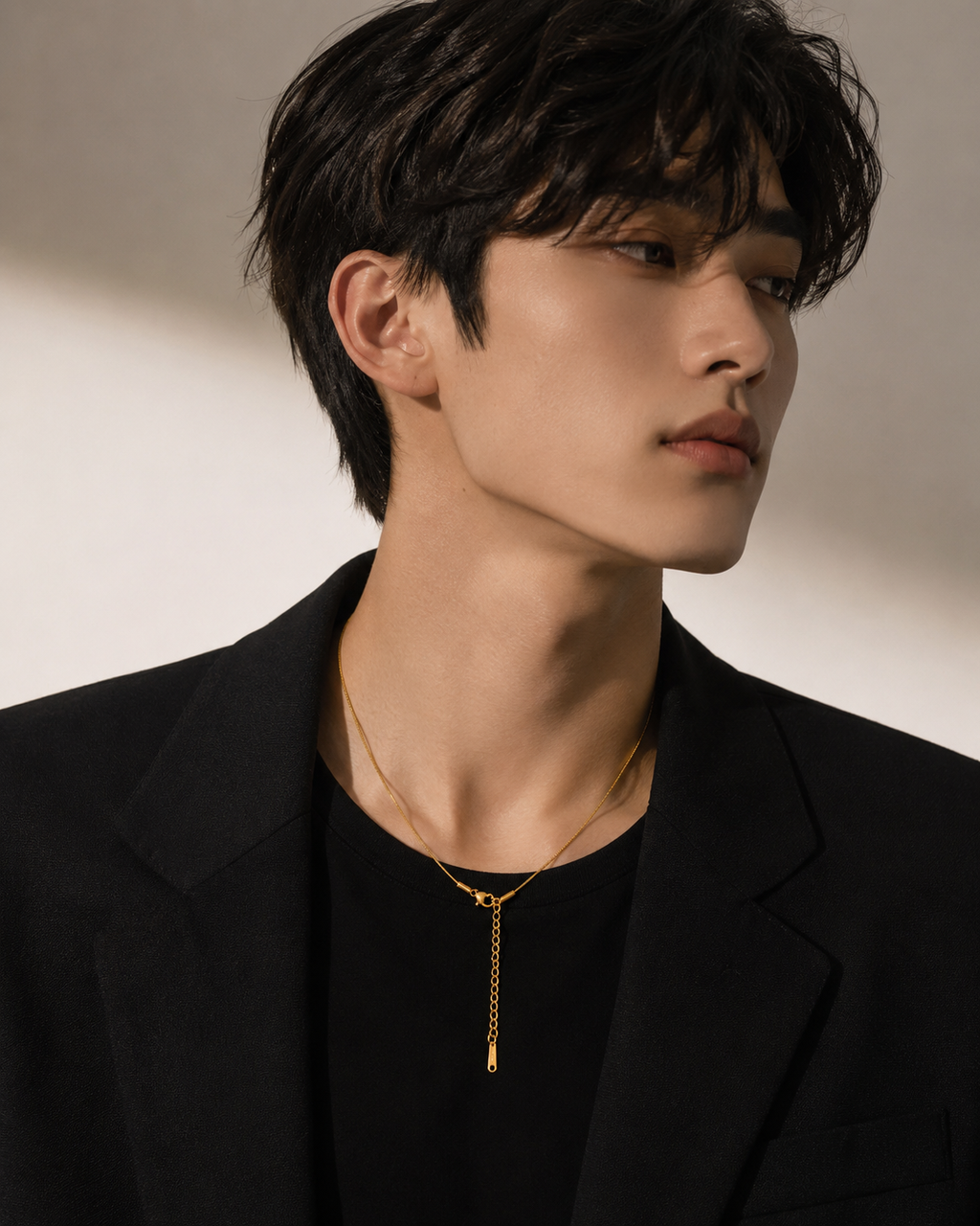 Man wearing a black suit and gold necklace against a neutral background
